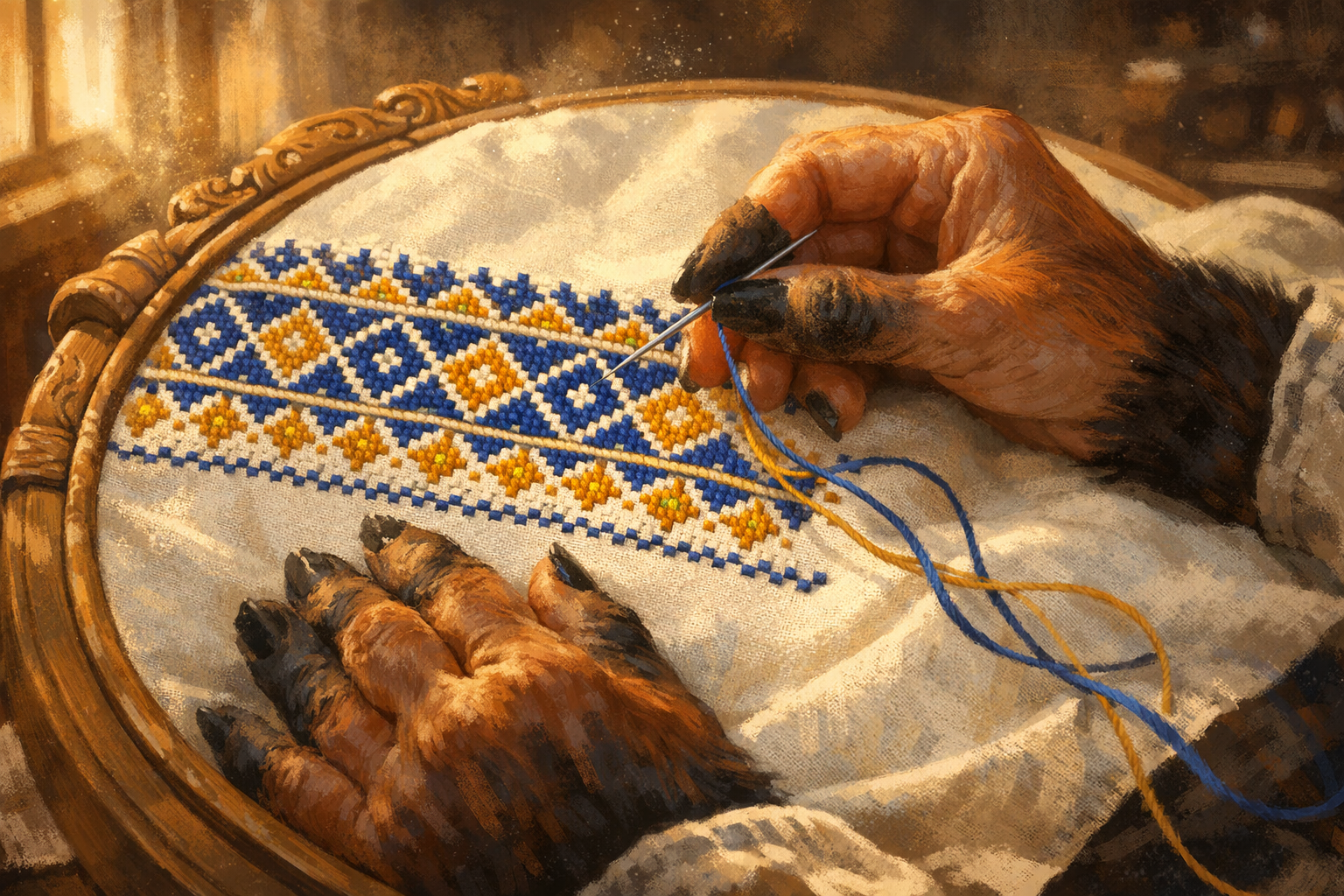 An elderly fox stitching vyshyvka — each geometric repeat carries a family's cosmological worldview